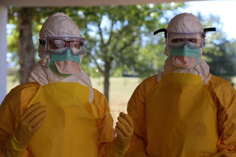 U.S. healthcare workers train to work in an Ebola treatment center in West Africa.