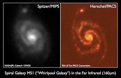 M51 seen by Spitzer (left) and Herschel (right)