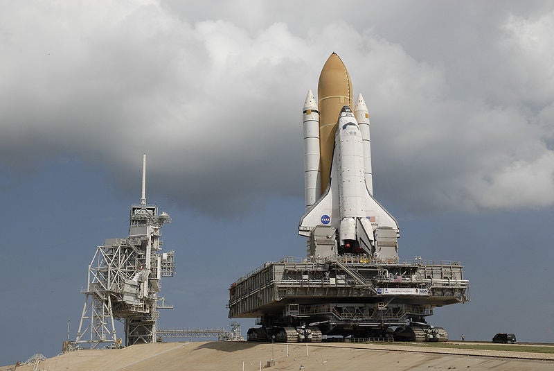 Space shuttle Atlantis makes the final leg of its rollout to Launch Pad 39A during STS-129. The shuttle launch complex is available for lease or purchase during a quiet sale of NASA shuttle facilities.