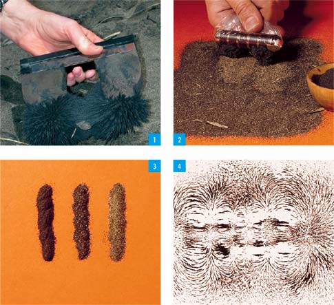 Top left: a person using a magnet to pull magnetite grains out of sand. Top right: a person using a smaller magnet to pull more magnetite grains out of finer sand. Bottom left: three lines of sand and magnetite of varying purity. Bottom right: magnetite grains on a piece of paper with a magnet underneath, with the grains showing the lines of the magnetic field.