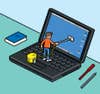 A small man standing on a giant laptop keyboard and vacuuming the screen. Illustration
