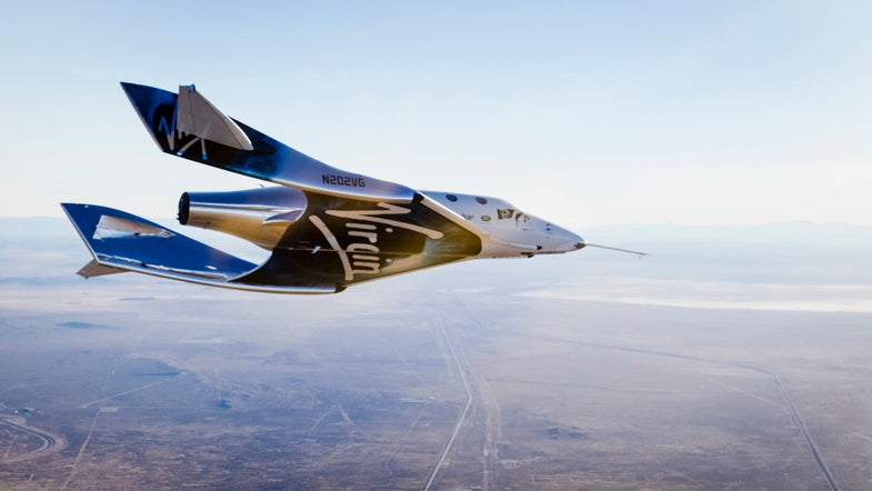 Virgin Spaceship Unity (VSS Unity) glides for the first time after being released from Virgin Mothership Eve (VMS Eve) over the Mojave Desert on 3rd, December 2016.