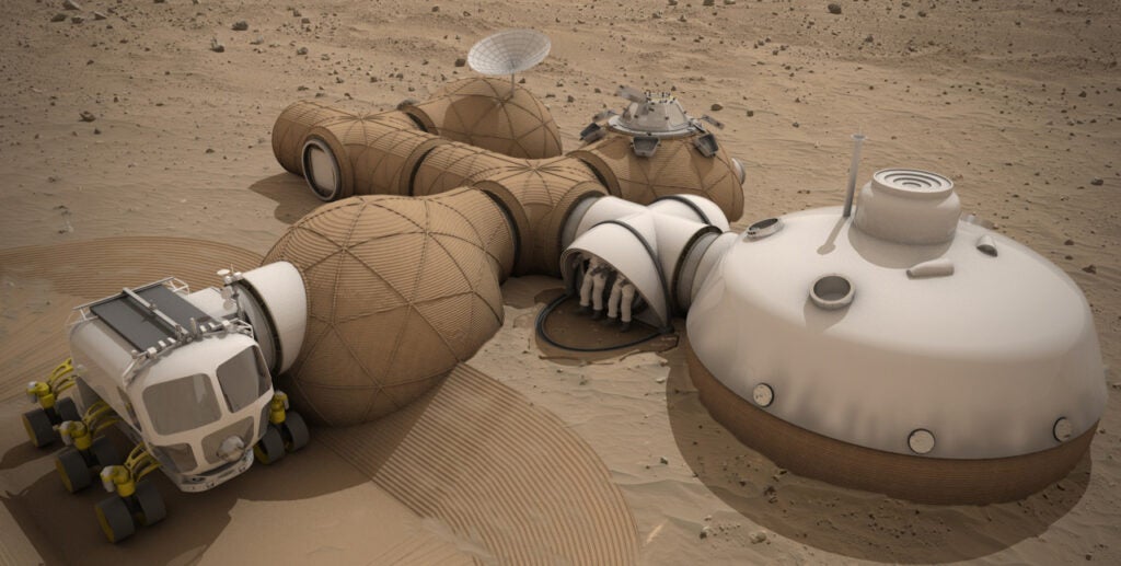 This team decided to take advantage of inflatable space habitats--perhaps like the ones <a href="https://www.popsci.com/welcome-inflatable-space-age/">Bigelow Aerospace</a> is developing. Like tents, these structures could be deflated during the long journey to Mars, to save room in the spacecraft, then pop open once they reach their destination. But Team LavaHive takes it a step further by connecting the inflatable shelters via tunnels and mini habitats built from sand.