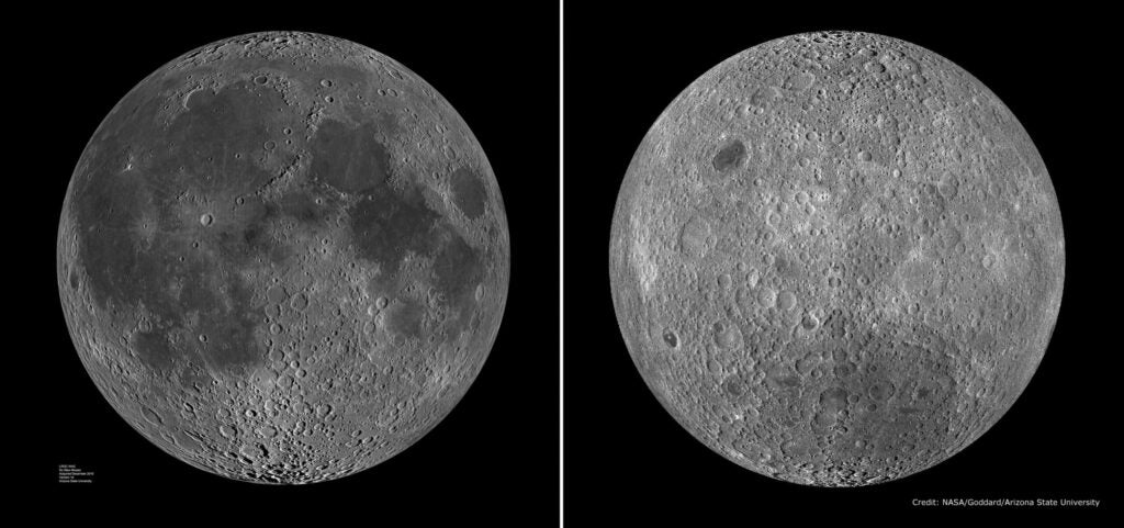 It’s not the case that the Earth protects the near side form impacts, that meteoroids burn up harmlessly in our atmosphere instead of hitting the Moon. It actually comes down to the thickness of the lunar crust. The Moon’s crust isn’t uniformly thick. The near side’s crust is thinner. This means that when the Moon was newly formed and still hot on the inside, volcanoes erupted more frequently, filling in impact craters. And this process continued through the late heavy bombardment, the period when the inner solar system was hammered with small bodies. It’s likely both sides have been hit the same number of times. The difference comes down to lava on the nearside filling in and covering up the craters.