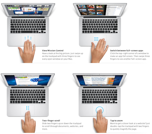 The multitouch gestures that were made famous by the iPhone and iPad are not new to Macs; MacBook track pads have been capable of a handful of touch controls, like enlarging web sites by pinch/zooming and going back and forth between Spaces with two-finger swipes. (There have long been programs like <a href="http://www.macupdate.com/app/mac/27016/multiclutch">Multiclutch</a> that add some extra touch functionality.) But Lion adds a whole new dimension of multitouch, especially as relates to the kinda-confusing Mission Control, a melange of Exposé and Spaces. Swipe three fingers up to access Mission Control, pinch with your thumb and three fingers to jump into Launchpad, or spread with your thumb and three fingers to show the desktop. You can double-tap with two fingers to quickly zoom into a page, just like on Mobile Safari. There are a <a href="http://www.apple.com/macosx/whats-new/gestures.html">whole bunch more</a>, too. We love multitouch--it seems like both a futuristic and sensible way to move past the mouse and navigate around a modern computer. Not to bring up the dreaded <em>Minority Report</em> reference, but gestures have always seemed like the future--and Apple is bringing that gesture-future one step closer.