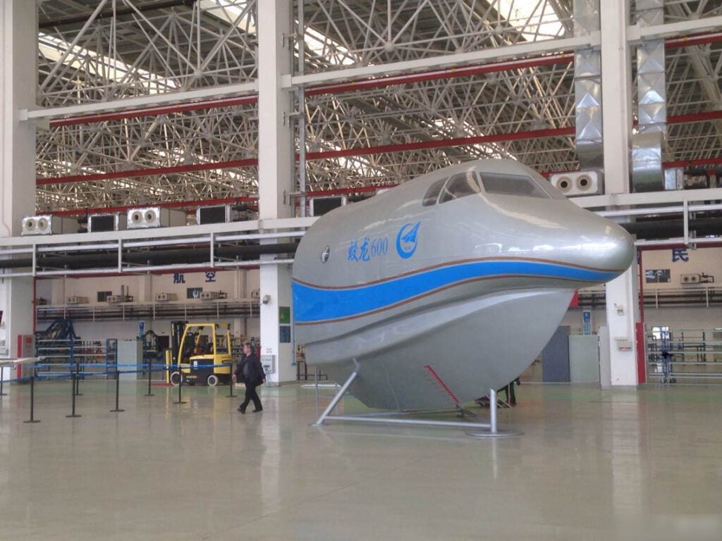 First seen in January 2014, the full scale mockup of the TA-600's forward cockpit is shown here at an AVIC factory. Building full scale mockups of aircraft before the first prototype helps the manufacturer understand the challenges involved in a new airframe (the Y-20 heavy transport aircraft also had a similar forward mockup built as well).