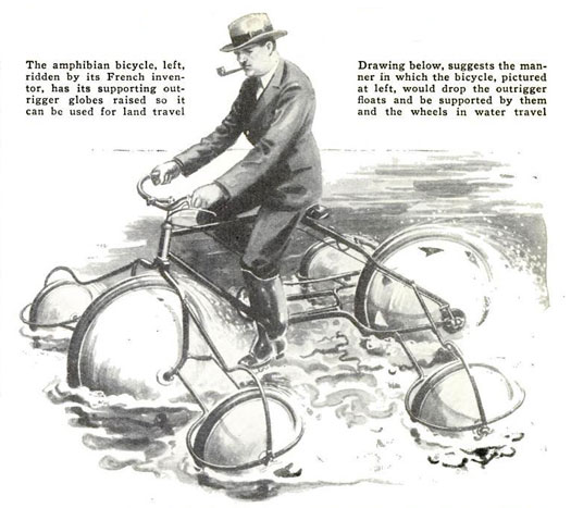 Believe it or not, those hollow bike floats could actually double as wheels. At a Paris exposition, the bike's French inventor demonstrated how his bicycle used the inner floats as wheels on dry land, and as buoyancy devices in the water. Fins on the larger rear wheel functioned as paddles to propel the bicycle along. When the rider pedaled, all six of the wheels would rotate so as to reduce drag. Read the full story in "Amphibian Bicycle Can Travel on Land or Water"