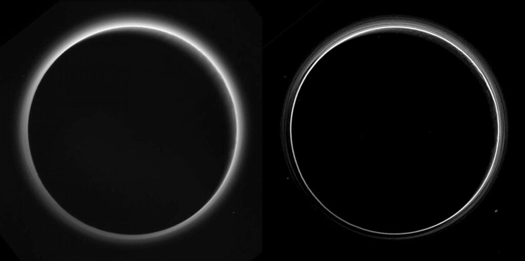 Two months after its flyby of the Pluto system, the New Horizons spacecraft started sending its data and <a href="https://www.popsci.com/see-pluto-in-all-its-glory/?image=4">high-resolution images</a> back to Earth. Among the images was this majestic photo of Pluto eclipsing the sun. The version on the left has been minimally processed, while the image on the right has been processed to reveal the different layers of Pluto's atmosphere. It will take NASA a year to transfer all of New Horizon's photos and data.