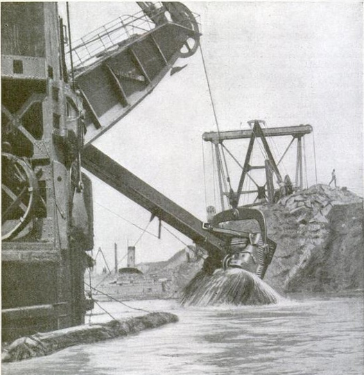 After a failed attempt by the French, U.S. construction on the Panama Canal began in 1904 and ended in 1914. President Theodore Roosevelt commissioned George Washington Goethals as Chief Engineer, while Ellicott Dredges developed machines that could cut through the seabed. Two years after the canal formally opened, we published a story on Colonel Goethals' efforts to prevent erosion. Workers used the <em>Cascadas</em> dredge, pictured left, to scoop out excess earth from the canal's problem areas. Engineers in Germany designed the backhoe-equipped machine especially for use in the Panama Canal. In 1916, the <em>Cascadas</em> was the world's largest all-steel dredge and could dig out seventeen thousand wagonloads of dirt in a day. Read the full story in "Digging Away the Slides at Panama"