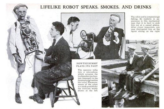 "So realistic in appearance is this mechanical man that it is hard to pick him out at a casual glance." Supposedly, this robot's built-in electric motors enabled it to conduct "animated conversations" while appearing to puff a lighted pipe. Read the full story in "Lifelike Robot Speaks, Smokes, and Drinks"