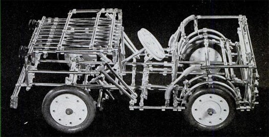 Sometimes building the toy is more fun than actually playing with it. The Clip-Craft Corp. seized onto the idea to appeal to fledgling DIY-ers with its proto-K'nex construction set comprised of wooden rods and steel clips. Add a couple wheels, and presto! You've got this skeletal Jeep. The company also provided flat sheets of aluminum for the offhand chance that kids would want to cover and keep their creations, rather than destroying them and reusing the pieces. Read the full story in Clipping a Toy Together.