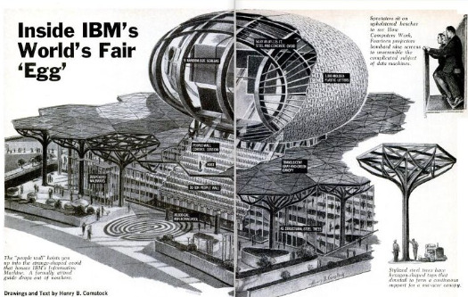 In 1964, New York hosted a World's Fair dominated by American industrial companies. The Bureau of International Expositions (BIE), which is in charge of sanctioning world's fairs, did not approve of this one since it charged rental fees for pavilions. The BIE discouraged its member countries from participating in the fair, hence its consequent corporate atmosphere. IBM constructed one of the fair's most popular pavilions, an extravagant, egg-shaped theater showing visitors how computers work. Interactive exhibits below the theater let people play with the company's latest gadgets. Read the full story in "Inside IBM's World's Fair 'Egg'"