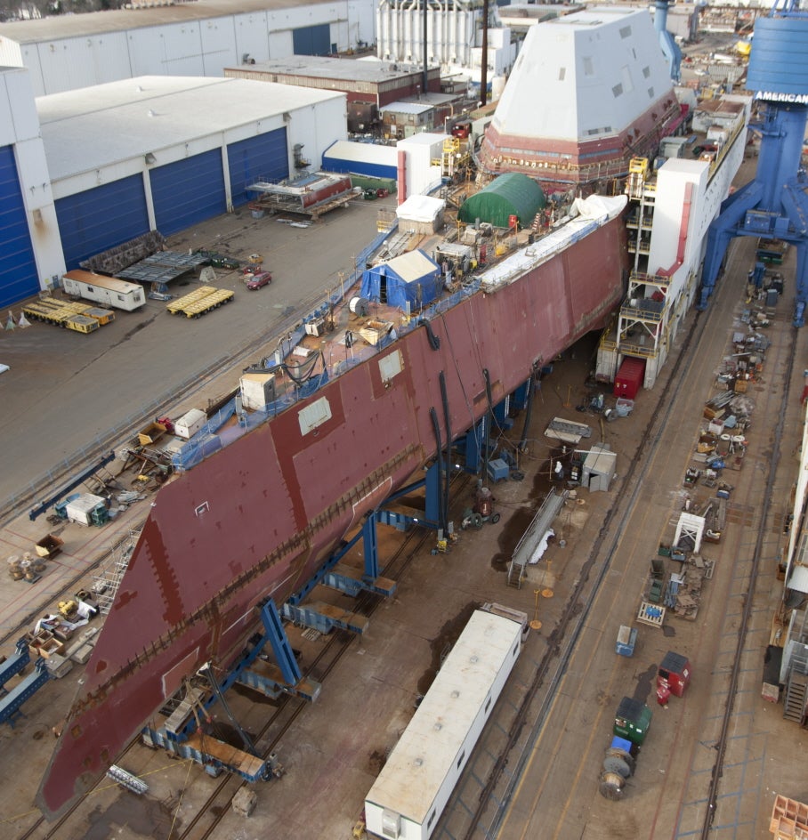 Zumwalt under construction at a shipyard