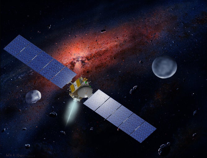 An artist’s impression of the Dawn spacecraft traveling in the asteroid belt with its target Ceres on the right.