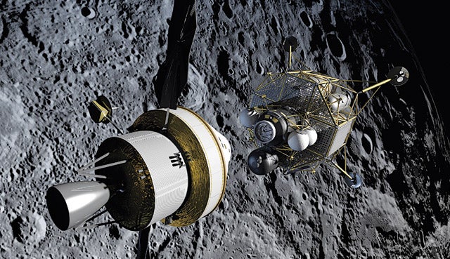 An artist's rendering of NASA's <em>Altair</em> lunar lander approaching the <em>Orion</em> crew capsule after a lunar mission
