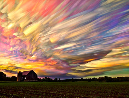 Matt Molloy takes timelapse photos to capture multiple shots of moving clouds or the changing colors of a sunset, then digitally adds in stokes from the different times to create a paint-like, layered effect. Here's evening by a barn. Even better than the real thing?