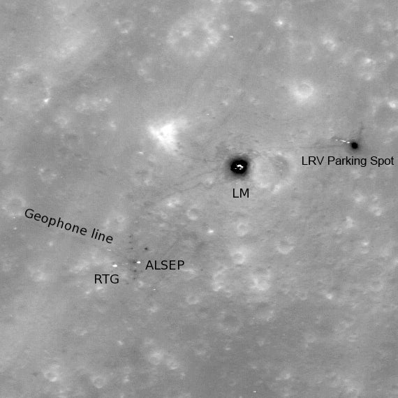 The LRO images shows the Lunar Module Orion’s descent stage still in the Descartes Highlands. To the right is the lunar rover’s parking spot. The faint dark lines are where the crew walked to set up experiments and gather samples.