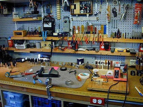 A large, well-organized workbench.