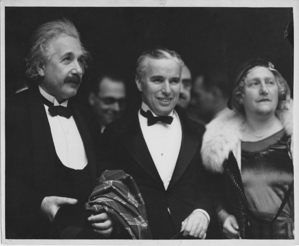 Einstein attends the premiere of "City Lights" with Charlie Chaplin