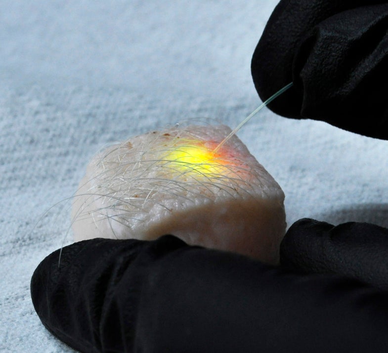 An optical fibre is used to test the cell's laser capabilities.