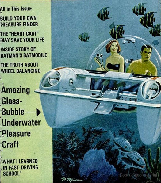 Some submersibles were designed for research purposes. Others, like this $10,000 model supported by the U.S. Navy Deep Submergence Program, were created to facilitate a leisurely new pastime: observing marine wildlife without getting wet. The project began in 1963 when the Navy began testing submarines with plastic-coated glass hulls. Navy physicist William B. McLean, who also conceived the Sidewinder air-to-air missile, equipped the glass sphere with a photoelectric control box, a scrubber unit for eliminating excess carbon dioxide, a small oxygen tank, radio, cameras, and comfortable bucket chairs. The sub's design also called for two 16-foot fiberglass pontoons for holding the sphere in place, as well as two reversible axial-flow pumps that would move the craft at a speed of three knots. Read the full story in ["Low-Cost Glass Bubble Sub for Undersea Adventure"