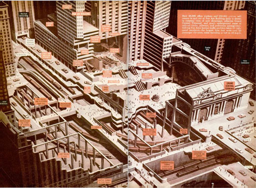 During the time of its construction, the MetLife Building, originally called the Pan Am Building, was poised to become the "most complicated building ever built," and indeed, it went on to become the largest commercial office building after it opened in 1963. Between late 1965 and early 1977, the roof of the building actually served as a helicopter pad, until various accidents forced it to close. As the picture on the left shows, the Pan Am was more than just an office building. It would be a crossroads between transportation and business. Trains would run under it and pedestrians would take escalators connecting Grand Central's upper concourse and the second floor of the building. Read the full story in "The Most Complicated Building Ever Built"