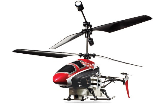 Controlled by a smartphone app, the Wi-Spi remote helicopter beams live video from a VGA camera in its belly to a user's phone over Wi-Fi. It also has an LED headlight for nighttime flights. Interactive Toy Concepts Wi-Spi Helicopter <strong>$119</strong>