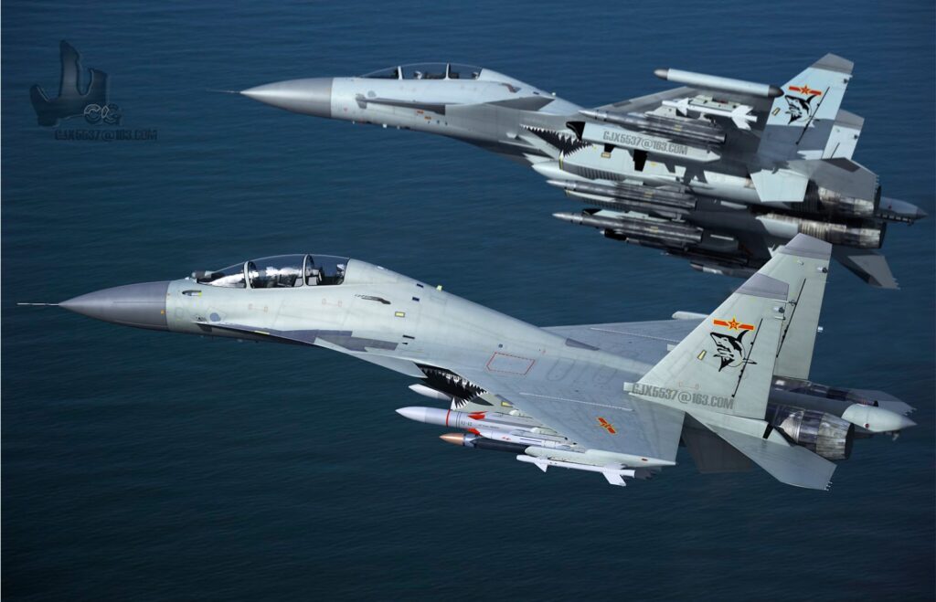 China J-15 "Flying Sharks" Carrier Fighters in flight above the sea
