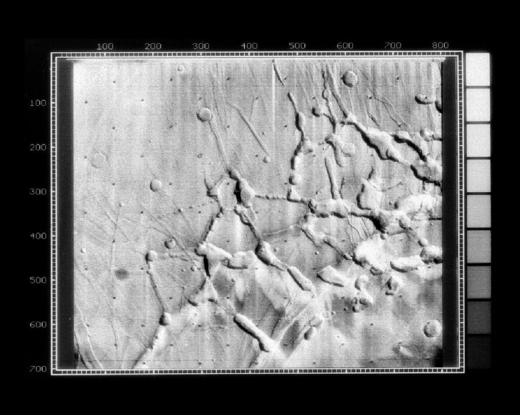 The labyrinth-like features at the western edge of Vallis Marineris on Mars, as seen by Mariner 9.