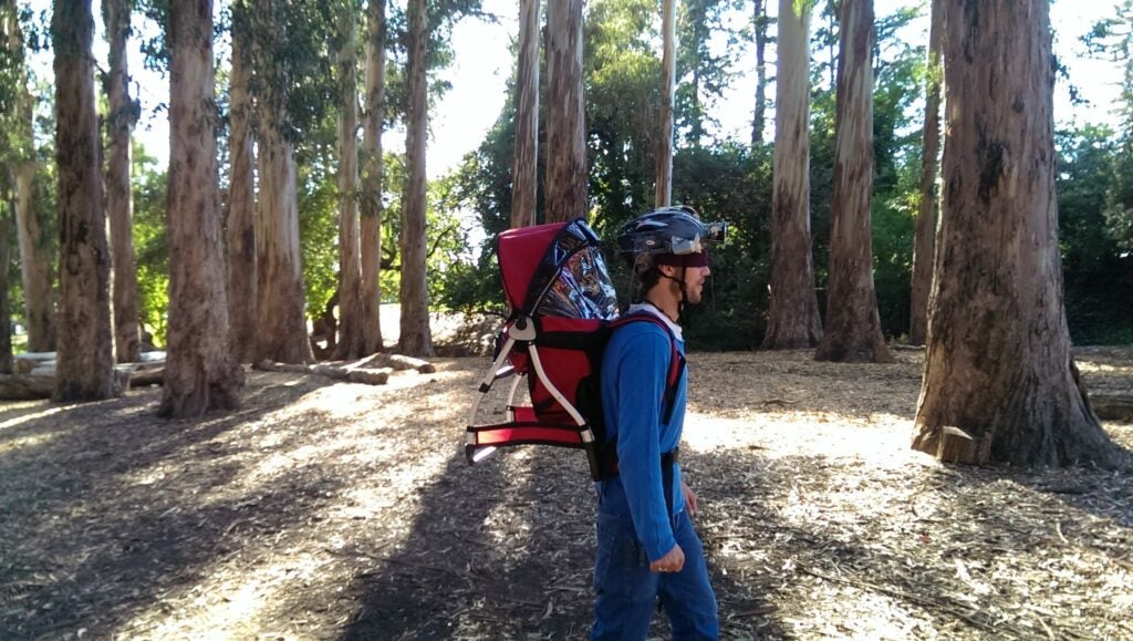 A blindfolded Benjamin Gaub echolocates and navigates through a eucalyptus forest.