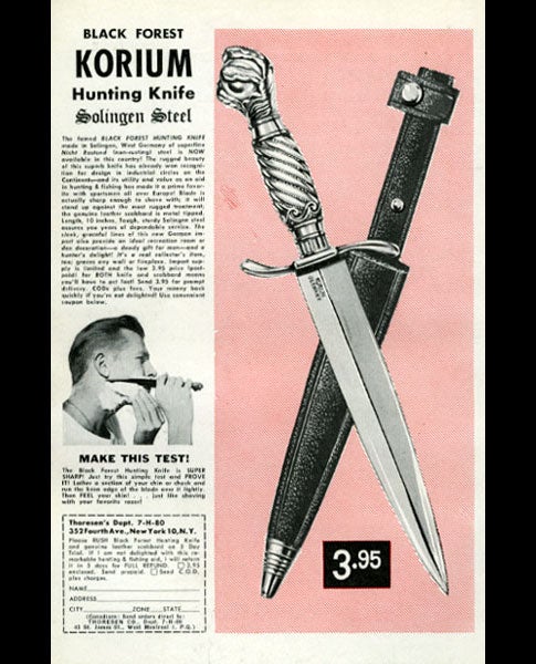 This German hunting knife graced the inside of the August '54 cover. As sharp as a razor and versatile, the knife's $3.95 list price of would barely get you a Bic today.