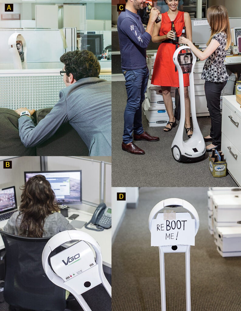 A robot boss can replace a physical boss in nearly any office situation. A) Editors often hide from the bot boss as they do from the physical one. B) A quiet boss can check up on the staff. C) Office drinks are difficult, but not impossible, to enjoy at a distance. D) Employees don’t always immediately show respect for the bot.