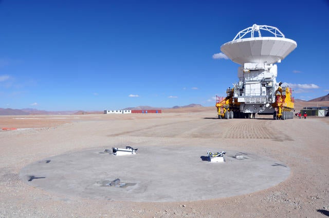 The first ALMA antenna arrives at its installation spot at the plateau of Chajnantor. From here, its precision would allow it to pick out a golf ball at a distance of over 9 miles -- a must for probing signals from the edge of the universe.