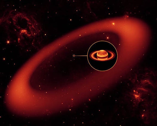 For a long time Saturn was hiding a <a href="http://www.spitzer.caltech.edu/images/2763-ssc2009-19c-Artist-s-Rendering-of-Saturn-s-Infrared-Ring">secret</a> that only an IR telescope like Spitzer could see: a giant ring – far larger than Saturn's other orbital debris rings – so diffuse that it reflected very little sunlight back toward earth, making it invisible. Spitzer's IR instruments can capture the heat radiation put off by dust particles in the ring, which starts some 3.7 million miles from Saturn and extends outward another 7.4 million miles. "It's not often you get to show someone something completely new about a planet as well-known as Saturn," Hurt says. "Doing an artist's rendering that is designed to look like an infrared image I thought would help people to better understand that this ring can only be seen in the infrared."