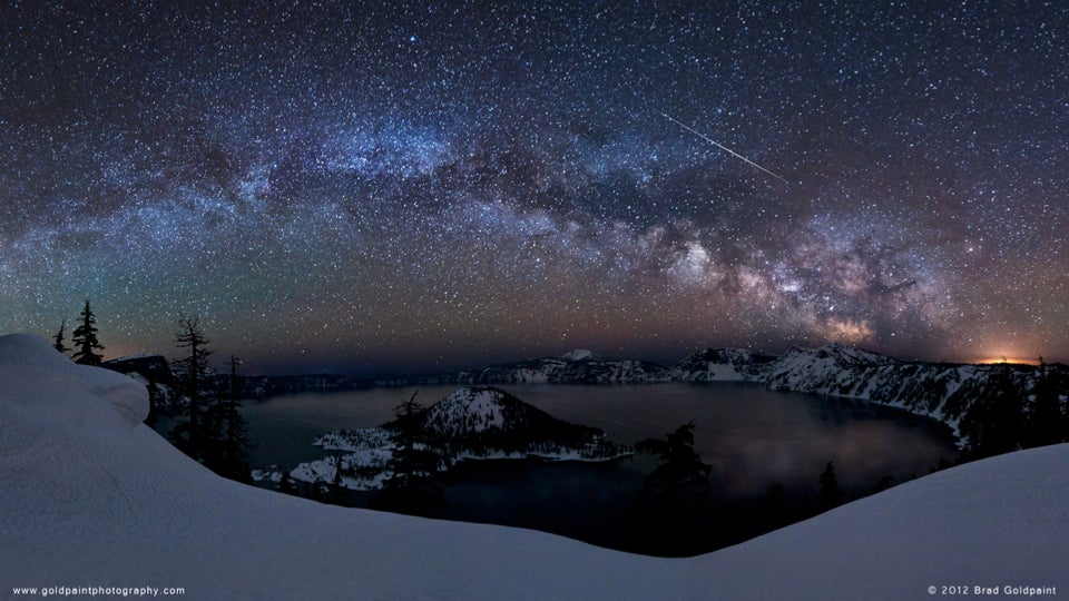 This amazing photo was taken by photographer Brad Goldpaint of the Lyrid meteor shower over the rim of Crater Lake in Oregon. Check out <a href="http://goldpaintphotography.com/">Brad's site</a> for more pics.