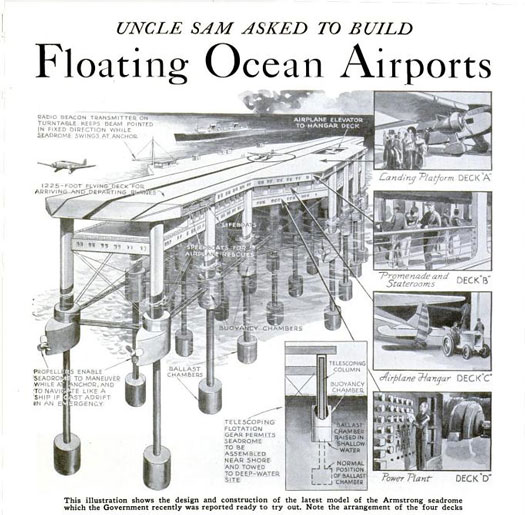 The "seadrome," proposed by inventor Edward R. Armstrong, was designed to connect America and Europe with a series of artificial islands. Armstrong imagined that seadromes would function as refueling stations and provide overnight accommodations for travelers. Read the full story in "Uncle Sam Asked To Build Floating Ocean Airports"