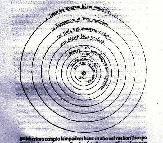 Copernicus' discovery that the sun, not the Earth, was at the center of the universe was an incredibly controversial claim in the 16th century, especially with regard to religious beliefs that the Earth did not move. However, the geocentric model did not work with Aristotle's <a href="http://plato.stanford.edu/entries/copernicus/">claim</a> that all celestial bodies have uniform circular motion. This resistance to heliocentrism may have contributed to the fact that Copernicus' work <em>On The Revolution Of Heavenly Spheres</em> was not published until he was on his <a href="http://astro.unl.edu/naap/ssm/heliocentric.html">deathbed</a>. Here we see Copernicus' model of the solar system - with the sun at the center.