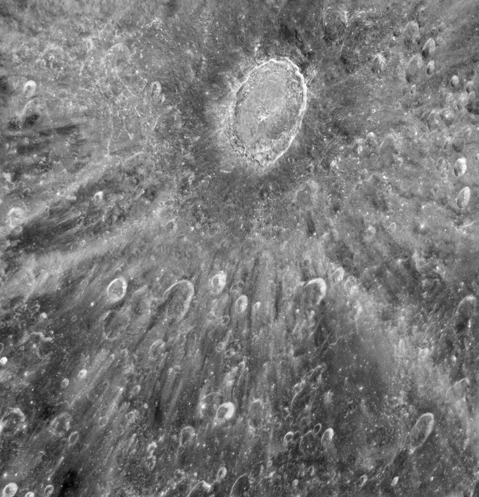 The <a href="http://hubblesite.org/newscenter/archive/releases/2012/22/image/a/">impact crater Tycho</a> found on Earth's moon.