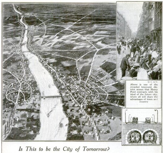 In an interview with us, Henry Ford suggested that instead of migrating to cities, people should industrialize the farm communities they already lived in. Although Ford admired the intellect and technological superiority of urban communities, he lamented their overcrowding and ugliness. His ideal semi-rural city, pictured left, would link neighborhoods around power-supplying dams. Traffic would run underground and city-dwellers would divide their time between farming and industry, depending on the season. Read the full story in "How Power Will Set Men Free"