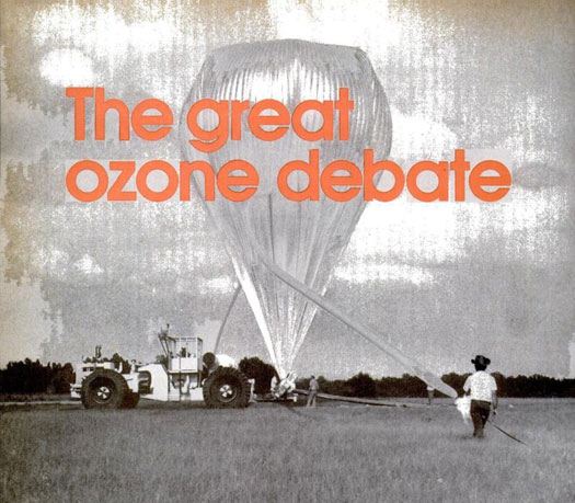We addressed the government's ban on fluorocarbon propellants by explaining to people why something as seemingly innocuous as hairspray could destroy the ozone layer, which had only recently become a household term. The picture on the left shows a balloon that responds to small quantities of atmospheric pollutants. Read the full story in "The Great Ozone Debate"