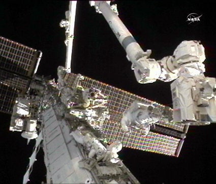 The ISS is a complex piece of machinery, and sometimes things break. In August, the station's cooling pump went on the fritz, spewing ammonia into space. In a seven-and-a-half-hour spacewalk, astronauts Doug Wheelock and Tracy Caldwell Dyson managed to unhook the ammonia line and pry off the broken pump with a grapple bar.