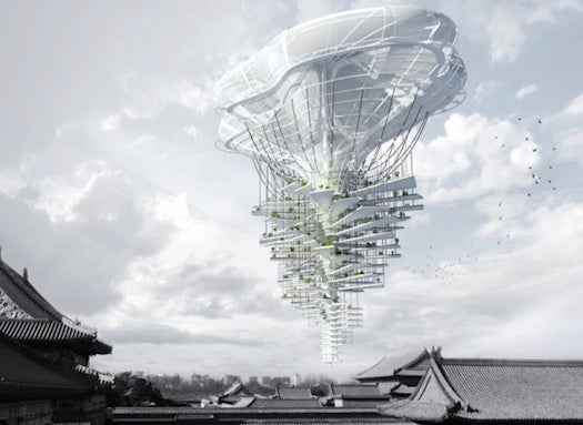 Coming in third place, this design for Beijing imagines a skyscraper that brings parks and other green spaces to heavily developed areas. A giant balloon would suspend it in mid-air. We have some thoughts about <a href="https://www.popsci.com/science/article/2013-03/no-architects-you-cant-plant-trees-on-top-of-skyscrapers/">trees on buildings</a>, but it's still pretty amazing. (The following images all received honorable mentions in the competition.)