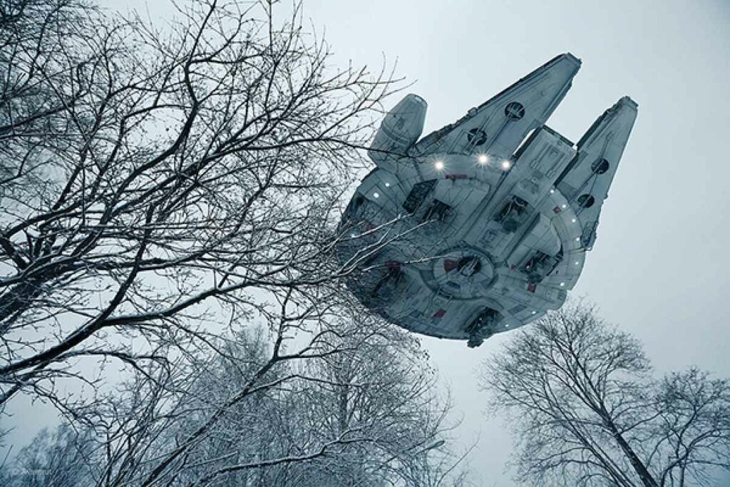 Through clever camera-work, illustrator Vesa Lehtimäki took photos of his kids' toys, set in the real world. Here's the Millennium Falcon. <em>From January 17, 2014</em>