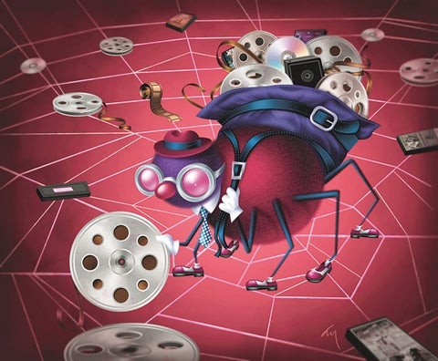 A spider with film reels on a web. Illustration.