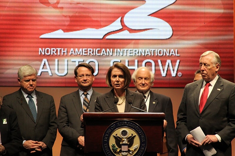 Speaker of the House Nancy Pelosi and a bipartisan group of politicians toured the auto show on Monday; Pelosi gave a brief address at the end of the day.