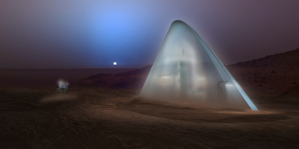 Instead of using soil as a building material, this team decided to "follow the water". After mining the ice at Mars' northern pole, they propose to use a unique 3D-printing process that "harnesses the physics of water" to construct a radiation-proof shelter. "Ice House is born from the imperative to bring light and a connection to the outdoors into the vocabulary of Martian architecture," they write.