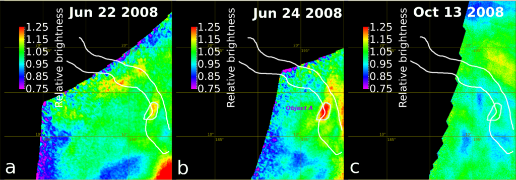 Brightness changes in Venus' Ganiki Chasma rift zone. Red indicates an increase in brightness.