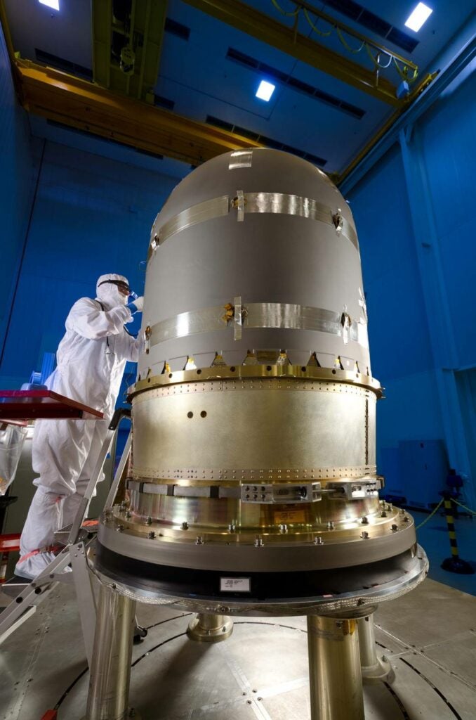 This image was taken in April 2012 as engineers at Lockheed Martin worked on getting MAVEN Mars-ready. Here a worker is preparing MAVEN’s propellant tank before it was installed in the core structure of the spacecraft.