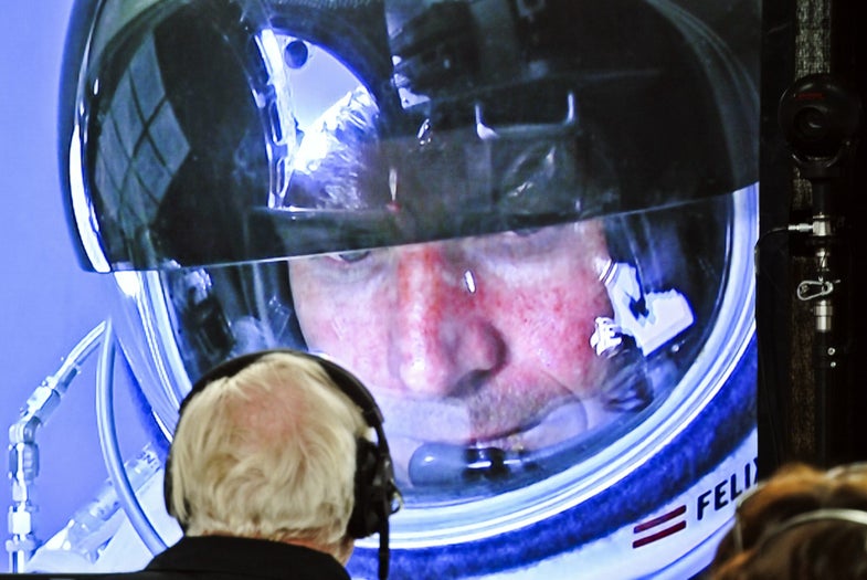 Pilot Felix Baumgartner of Austria seen in a screen at mission control center in the capsule during the final manned flight for Red Bull Stratos in Roswell, New Mexico, USA on October 14, 2012. // Stefan Aufschnaiter/Red Bull Content Pool // P-20121014-00043 // Usage for editorial use only // Please go to www.redbullcontentpool.com for further information. //