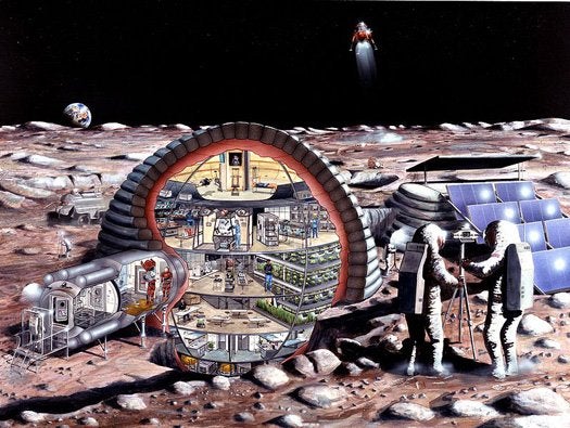 astronauts and habitat on the Moon